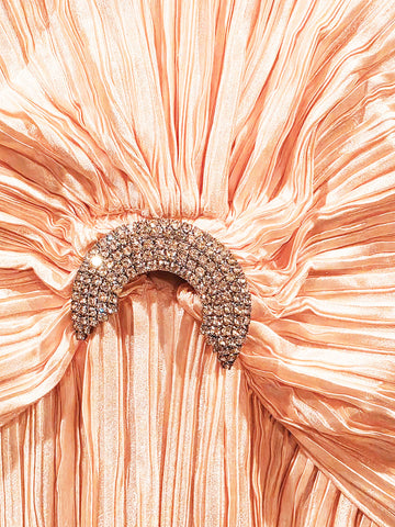 VINTAGE GEORGE F. COUTURE EVENING GOWN - PEACH PLEATED - RHINESTONE PIN