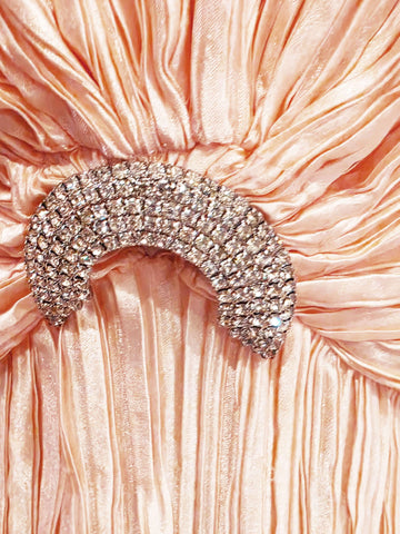 VINTAGE GEORGE F. COUTURE EVENING GOWN - PEACH PLEATED - RHINESTONE PIN