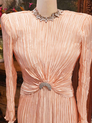 VINTAGE GEORGE F. COUTURE EVENING GOWN - PEACH PLEATED - RHINESTONE PIN