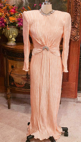 VINTAGE GEORGE F. COUTURE EVENING GOWN - PEACH PLEATED - RHINESTONE PIN