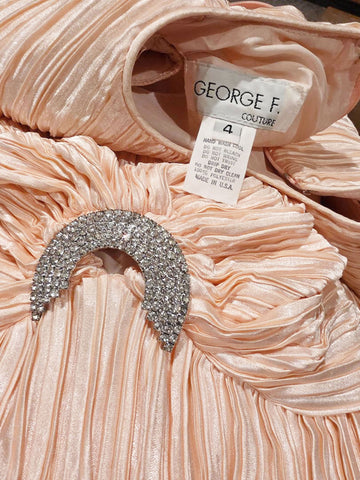 VINTAGE GEORGE F. COUTURE EVENING GOWN - PEACH PLEATED - RHINESTONE PIN