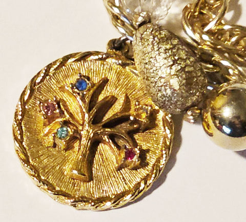 VINTAGE OLD HOLLYWOOD CHARM BRACELET WITH LARGE ORNATE CHARMS, RHINESTONES & MULTI-STRAND GOLD BEAD