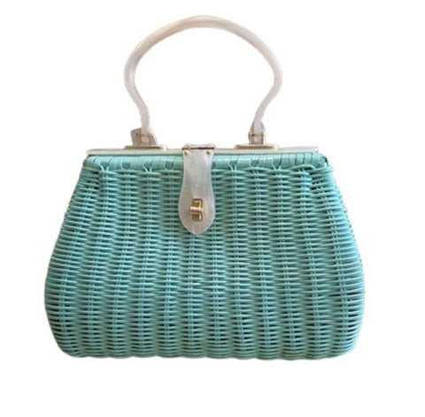 VINTAGE GLOSSY AQUA WICKER PURSE BY HOLLYWOOD SHAGGEE – PEARLIZED HANDLE – 1950S/60S HONG KONG