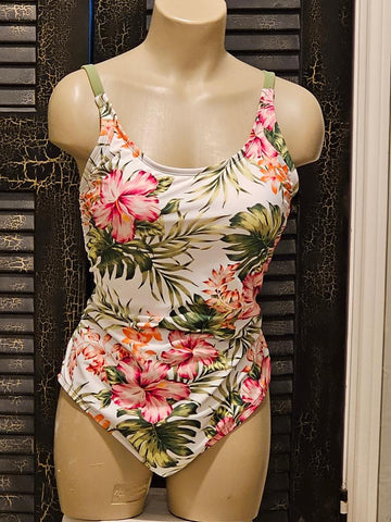 BEAUTIFUL HIBISCUS & PALM LEAVES SWIMSUIT WITH FABULOUS BACK - PERFECT FOR HOT SUMMER DAYS!
