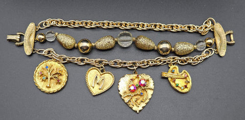 VINTAGE OLD HOLLYWOOD CHARM BRACELET WITH LARGE ORNATE CHARMS, RHINESTONES & MULTI-STRAND GOLD BEAD