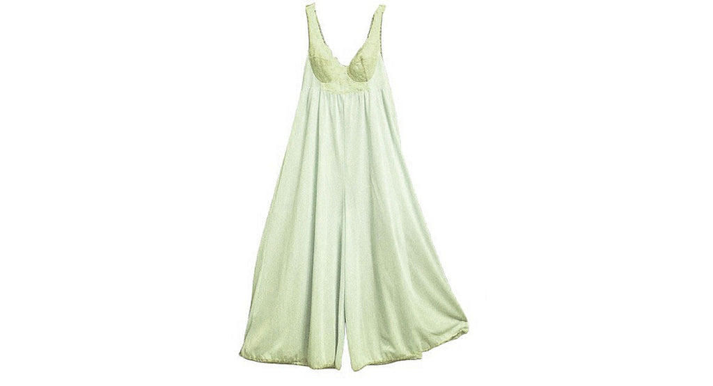 VINTAGE HOLLYWOOD VASSARETTE MINT GREEN PALAZZO NIGHTGOWN -  ECRU IVORY LACE -  BUILT IN BRA - RARE