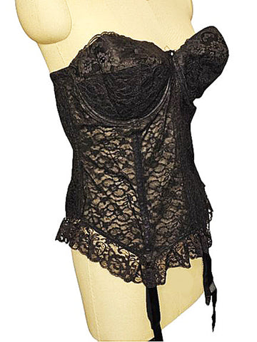 *  VINTAGE NEVER WORN ILLUSION I OWE IT ALL TO THE GODDESS BLACK LACE MERRY WIDOW BUSTIER W METAL GARTERS 40 C
