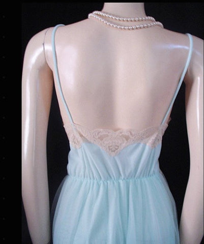 VINTAGE INTIME OF CALIFORNIA DOUBLE NYLON IVORY LACE PEIGNOIR & NIGHTGOWN SET IN LAGOON