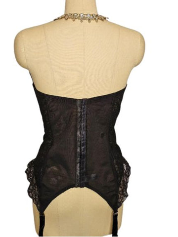 *  VINTAGE NEVER WORN ILLUSION I OWE IT ALL TO THE GODDESS BLACK LACE MERRY WIDOW BUSTIER W METAL GARTERS 40 C