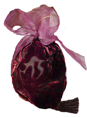 VINTAGE IRENE HIROSE CALABASAS CA BURGUNDY SHEER VELVET HANGING SACHET POUCH WITH TASSEL AND SHEER ORGANZA BOW