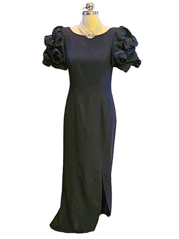 VINTAGE JACK BRYAN LORD & TAYLOR '80s-'90s BLACK EVENING GOWN FABRIC ROSE SLEEVES VERY BEAUTIFUL & DRAMATIC