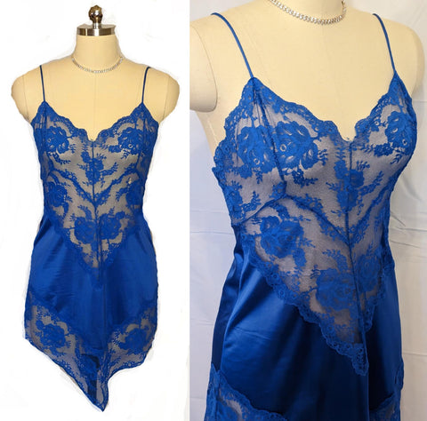 VINTAGE JENELLE OF CALIFORNIA LACE HANDKERCHIEF NIGHTGOWN IN COBALT BLUE   BLUE NIGHTGOWN DESIGNER GOWN
