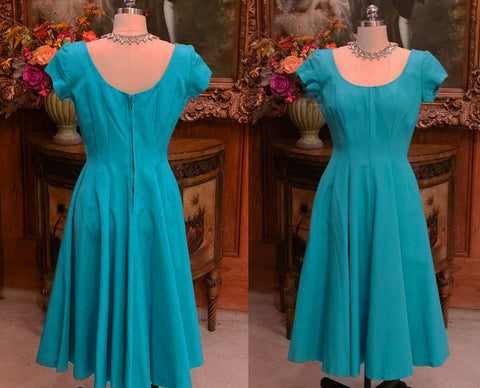 VINTAGE 1960s JERRY GLIDEN SPECTATOR DEEP TURQUOISE FAILLE DRESS WITH METAL ZIPPER