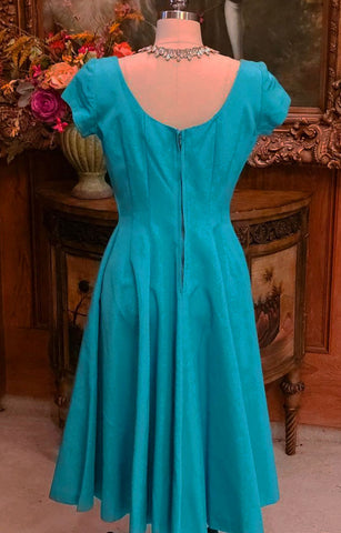 VINTAGE 1960s JERRY GLIDEN SPECTATOR DEEP TURQUOISE FAILLE DRESS WITH METAL ZIPPER