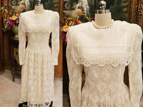 VINTAGE GUNNE SAX JESSICA MCCLINTOCK LACE APPLIQUE SATIN AND ORGANZA DRESS W HUGE COLLAR VINTAGE LACE DRESS WEDDING DRESS GUNNE SAX DRESS