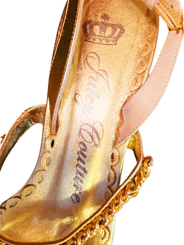JUICY COUTURE GOLD LEATHER CHAIN HEELS SPARKLING CHERRIES RHINESTONE CHARM & CROWN - MADE ITALY  - SIZE 8.5 B