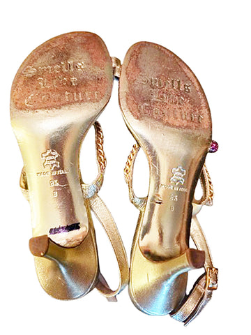 JUICY COUTURE GOLD LEATHER CHAIN HEELS SPARKLING CHERRIES RHINESTONE CHARM & CROWN - MADE ITALY  - SIZE 8.5 B
