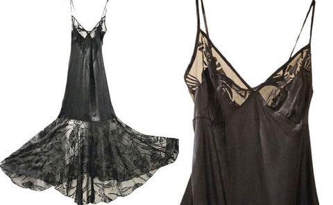VINTAGE KAMA SUTRA LOTUS WEAR BLACK SHEER FLOCKED BIAS CUT GRAND SWEEP NIGHTGOWN