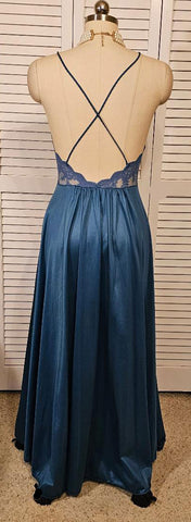 GLAMOROUS VINTAGE KATZ NIGHTGOWN CRISS CROSS BACK MADE IN THE USA SIZE SMALL IN STORMY SEAS