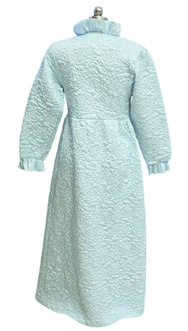 VINTAGE QUILTED GLEAMING SATIN BRIDAL TROUSSESU ROBE DRESSING GOWN WITH LARGE SATIN ROSE IN BLUE MIST