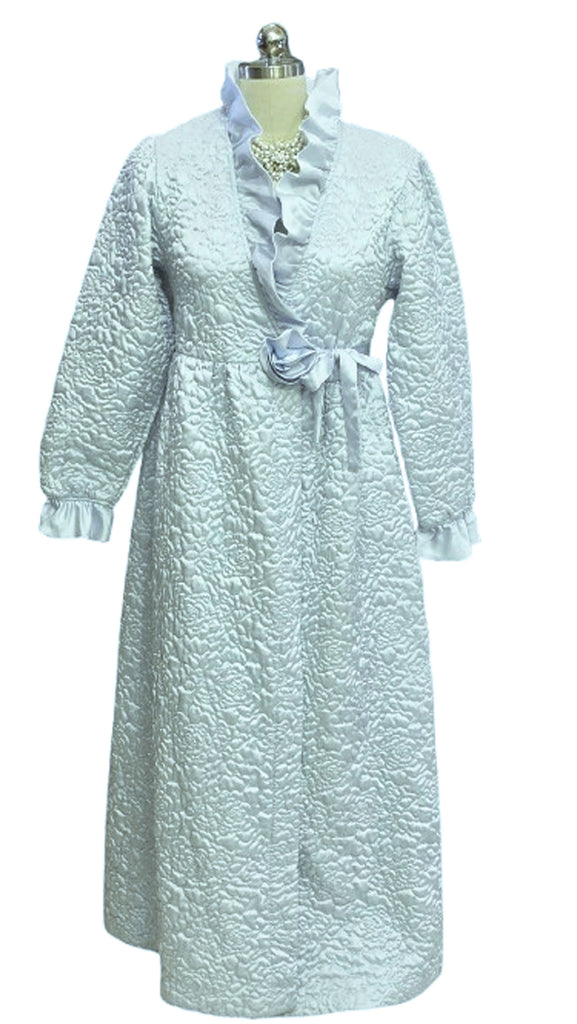 VINTAGE QUILTED GLEAMING SATIN BRIDAL TROUSSESU ROBE DRESSING GOWN WITH LARGE SATIN ROSE IN BLUE MIST