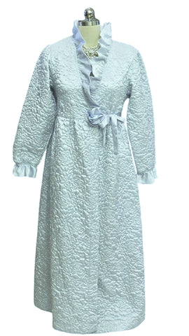 VINTAGE QUILTED GLEAMING SATIN BRIDAL TROUSSESU ROBE DRESSING GOWN WITH LARGE SATIN ROSE IN BLUE MIST