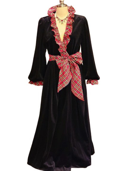 VINTAGE SIZE LARGE VICTORIAN LOOK KOMAR BLACK VELOUR DRESSING GOWN ROBE  WITH RED PLAID TAFFETA TRIM HUGE BOW USA CHRISTMAS MORNING ROBE OR  HOSTESS