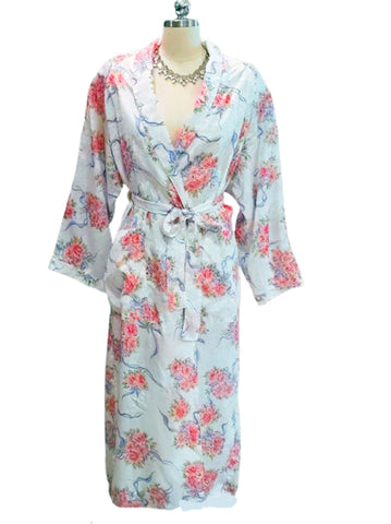 VINTAGE L. A. INTIMATES SILKY SHIMMER WRAP PEIGNOIR ROBE ROSE BOUQUETS TIED WITH PERWINKLE RIBBONS  GLAMOROUS SIZE LARGE
