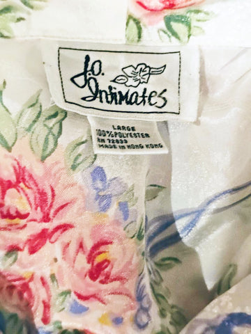 VINTAGE L. A. INTIMATES SILKY SHIMMER WRAP PEIGNOIR ROBE ROSE BOUQUETS TIED WITH PERWINKLE RIBBONS  GLAMOROUS SIZE LARGE