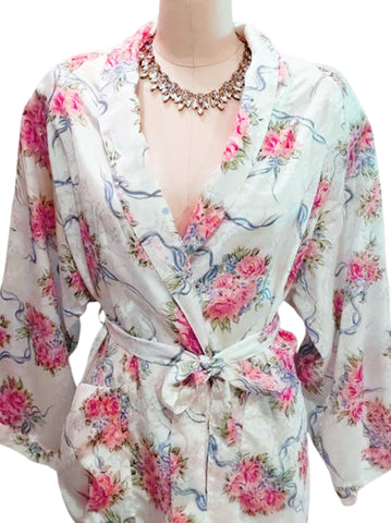 VINTAGE L. A. INTIMATES SILKY SHIMMER WRAP PEIGNOIR ROBE ROSE BOUQUETS TIED WITH PERWINKLE RIBBONS  GLAMOROUS SIZE LARGE