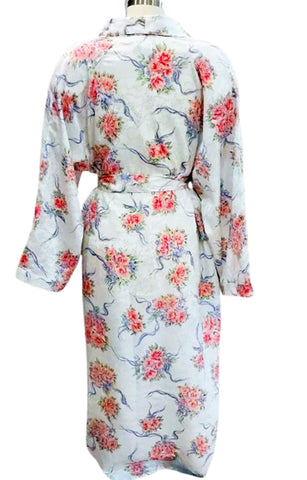 VINTAGE L. A. INTIMATES SILKY SHIMMER WRAP PEIGNOIR ROBE ROSE BOUQUETS TIED WITH PERWINKLE RIBBONS  GLAMOROUS SIZE LARGE