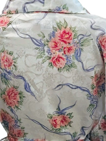 VINTAGE L. A. INTIMATES SILKY SHIMMER WRAP PEIGNOIR ROBE ROSE BOUQUETS TIED WITH PERWINKLE RIBBONS  GLAMOROUS SIZE LARGE