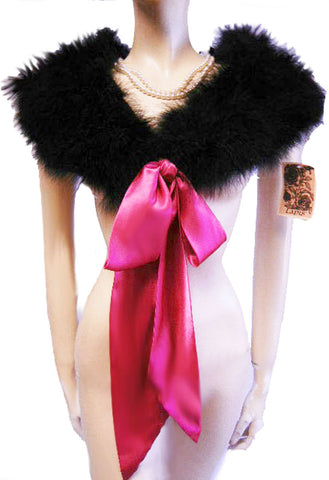 NEW - GORGEOUS VINTAGE LAPIS MARABOU FEATHER & SATIN STOLE OR BED JACKET IN JET BLACK WITH LONG HOT PINK SATIN TIES - NEW WITH TAG