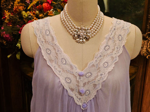 VINTAGE JENELLE DOUBLE NYLON NIGHTGOWN WITH NYLON ROSETTES IN LAVENDER & LACE