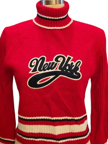 VINTAGE 1990S LEMO U.S.A. NEW YORK RED KNIT TURTLENECK SWEATER - PATRIOTIC - PREPPY - VINTAGE AMERICANA