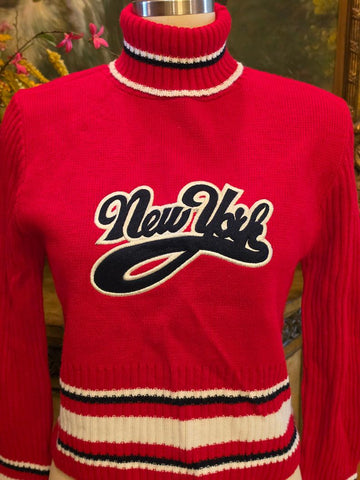 VINTAGE 1990S LEMO U.S.A. NEW YORK RED KNIT TURTLENECK SWEATER - PATRIOTIC - PREPPY - VINTAGE AMERICANA
