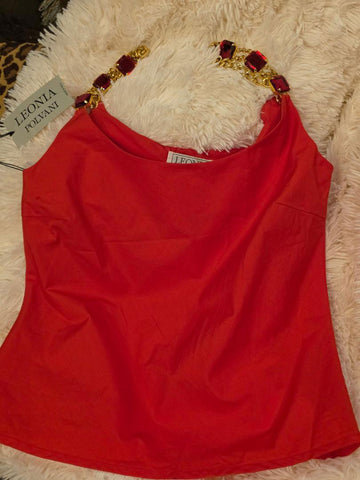 VINTAGE LEONIA POLVANI - ITALY - RHINESTONE CHAIN STRAPS - RED ITALIAN SUMMER TOP
