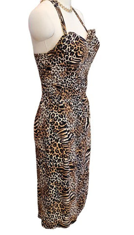 VINTAGE LEOPARD TIGER  PRINT HALTER OR STRAPLESS DRESS – SWEETHEART NECKLINE WRAP FRONT SHEATH SKIRT SEXY JUNGLE GLAMOUR