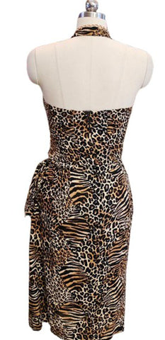 VINTAGE LEOPARD TIGER  PRINT HALTER OR STRAPLESS DRESS – SWEETHEART NECKLINE WRAP FRONT SHEATH SKIRT SEXY JUNGLE GLAMOUR