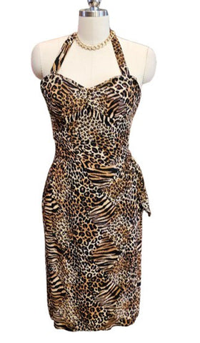 VINTAGE LEOPARD TIGER  PRINT HALTER OR STRAPLESS DRESS – SWEETHEART NECKLINE WRAP FRONT SHEATH SKIRT SEXY JUNGLE GLAMOUR