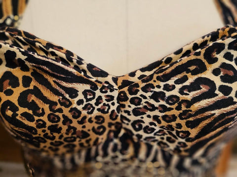 VINTAGE LEOPARD TIGER  PRINT HALTER OR STRAPLESS DRESS – SWEETHEART NECKLINE WRAP FRONT SHEATH SKIRT SEXY JUNGLE GLAMOUR