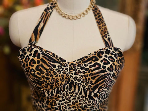VINTAGE LEOPARD TIGER  PRINT HALTER OR STRAPLESS DRESS – SWEETHEART NECKLINE WRAP FRONT SHEATH SKIRT SEXY JUNGLE GLAMOUR