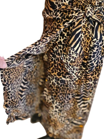 VINTAGE LEOPARD TIGER  PRINT HALTER OR STRAPLESS DRESS – SWEETHEART NECKLINE WRAP FRONT SHEATH SKIRT SEXY JUNGLE GLAMOUR
