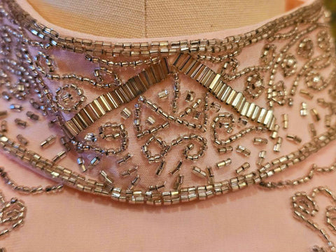 VINTAGE 1980s NEW LILLIE RUBIN PINK BACKLESS HALTER COCKTAIL DRESS ENCRUSTED WITH SILVER BEADS AND SHOT