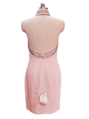 VINTAGE 1980s NEW LILLIE RUBIN PINK BACKLESS HALTER COCKTAIL DRESS ENCRUSTED WITH SILVER BEADS AND SHOT