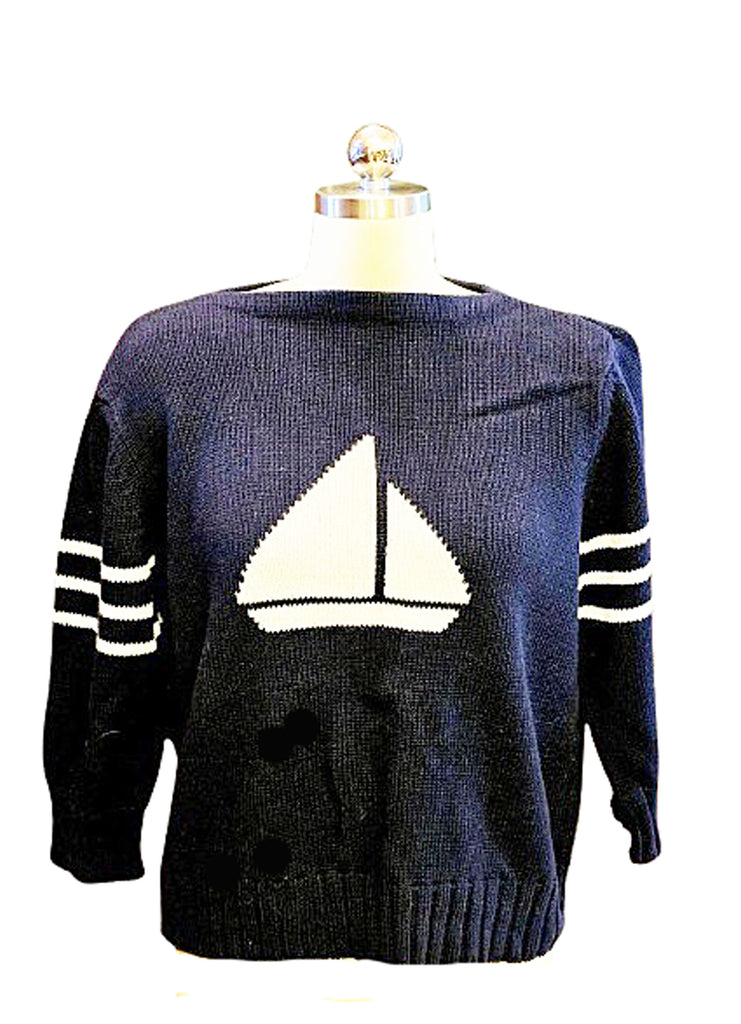 VINTAGE LIZ CLAIBORNE LIZSPORT NAUTICAL SAILBOAT SWEATER - XL NAVY BLUE WHITE COTTON - YACHT CLUB PREPPY