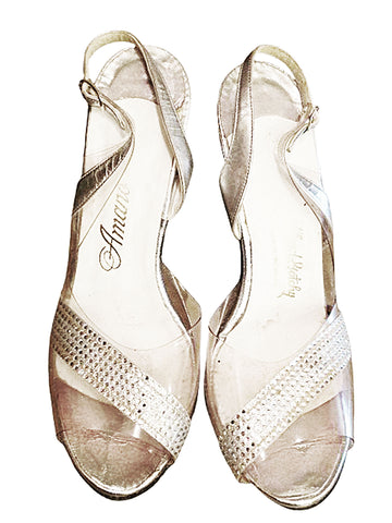 VINTAGE AMANO BY LLOYD GOTCHY RHINESTONE SILVER EVENING HEELS CLEAR VINYL PUMPS SIZE 7.5M RENO NEVADA