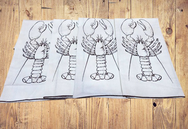 VINTAGE OVERSIZED IVORY AND BROWN LOBSTER NAPKINS - SET OF 4 - COASTAL TABLE LINENS