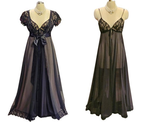 VINTAGE 70S/80S CLAIRE SANDRA BY LUCIE ANN BEVERLY HILLS BLACK LACE PEIGNOIR & NIGHTGOWN SET – HOLLYWOOD GLAMOUR