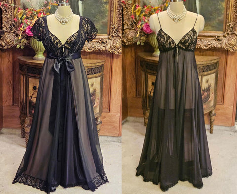 VINTAGE 70S/80S CLAIRE SANDRA BY LUCIE ANN BEVERLY HILLS BLACK LACE PEIGNOIR & NIGHTGOWN SET – HOLLYWOOD GLAMOUR